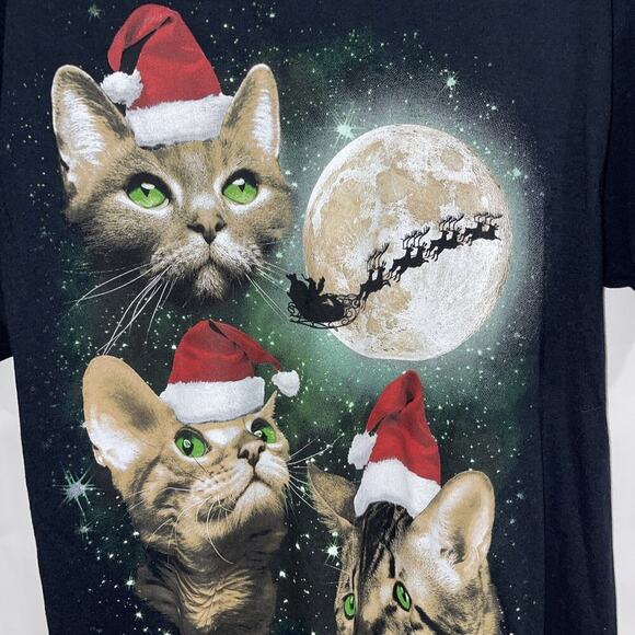 Christmas Cat Lover T Shirt Large Short Sleeve Crew Neck Santa Sleigh Moon Tabby - Picture 2 of 9